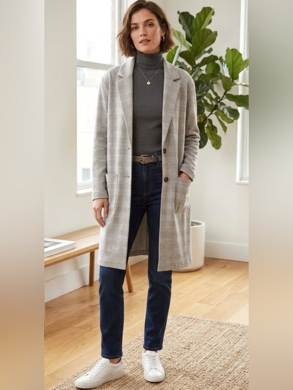 dip Knit Plaid Long Trench Coat - Gray Glen Plaid Size Medium